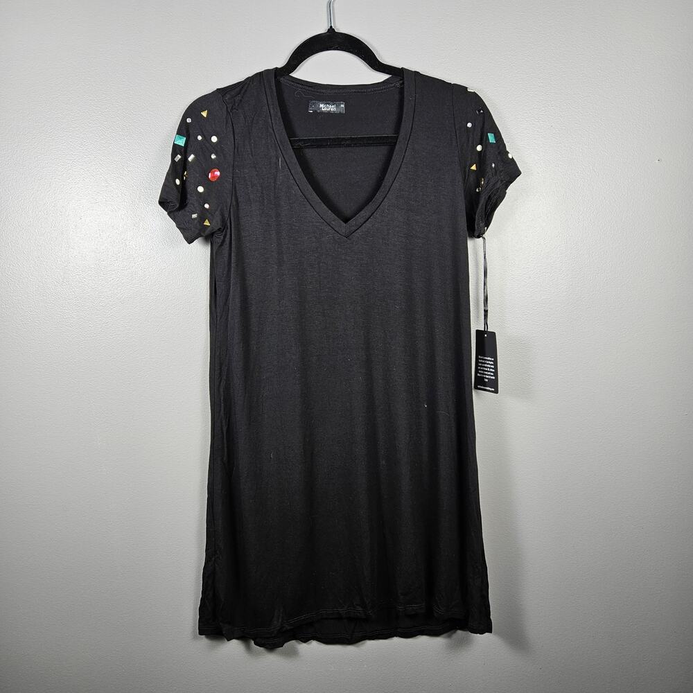 Michael Lauren Black V Neck Mini Dress XS Short Sleeve Stretch Jewel‎ Detail NWT